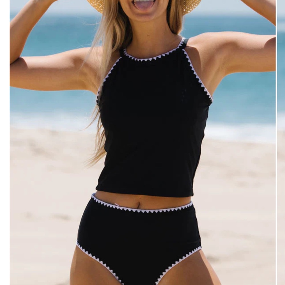 White Trim Round Neck Black Tankini Set